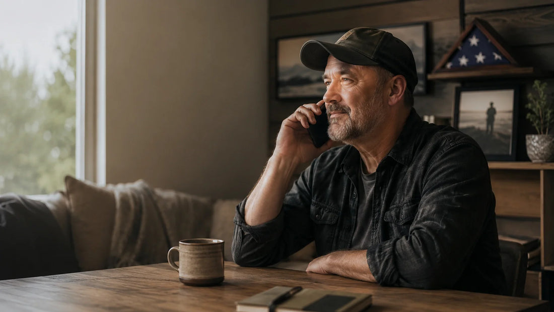 A veteran sitting quietly on the phone with a cup of coffee nearby, reflecting on the importance of listening and being there for someone.