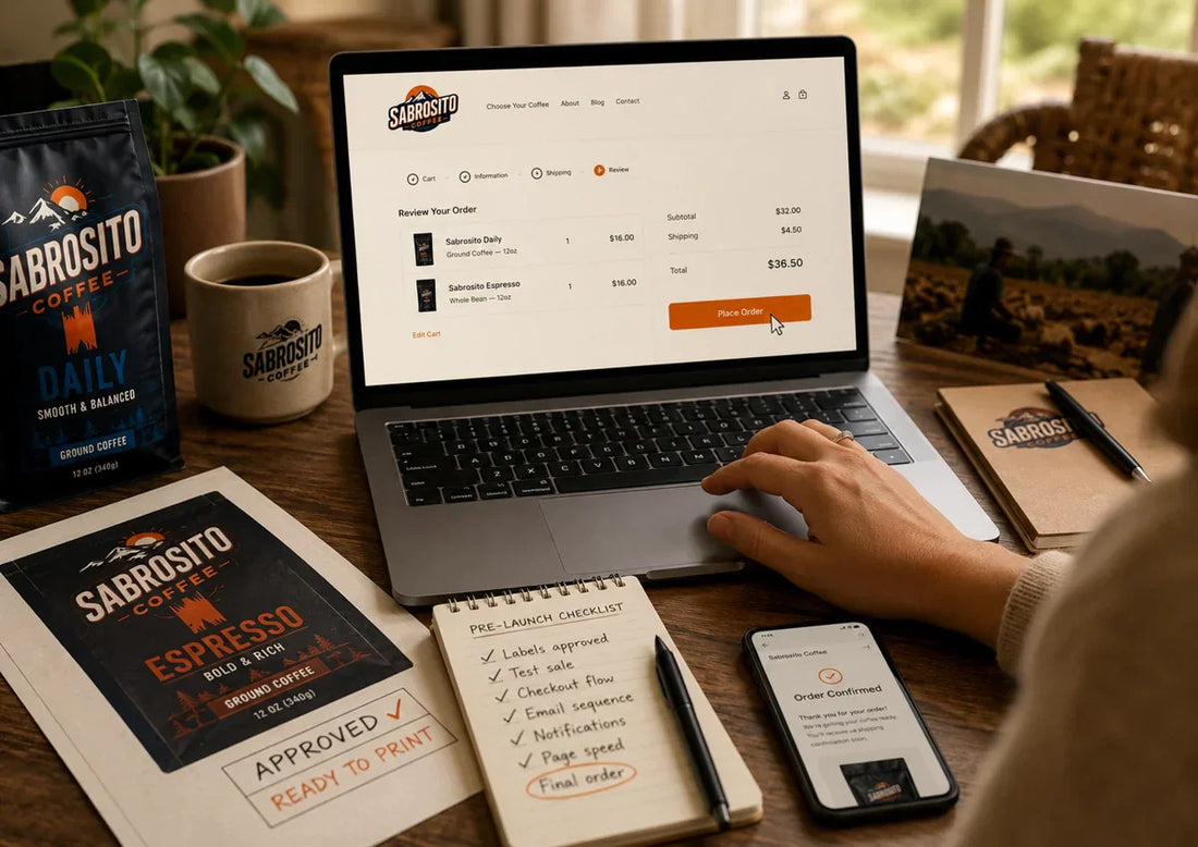 Sabrosito Coffee pre-launch desk with test order checkout, coffee bags, approved labels, and checklist.