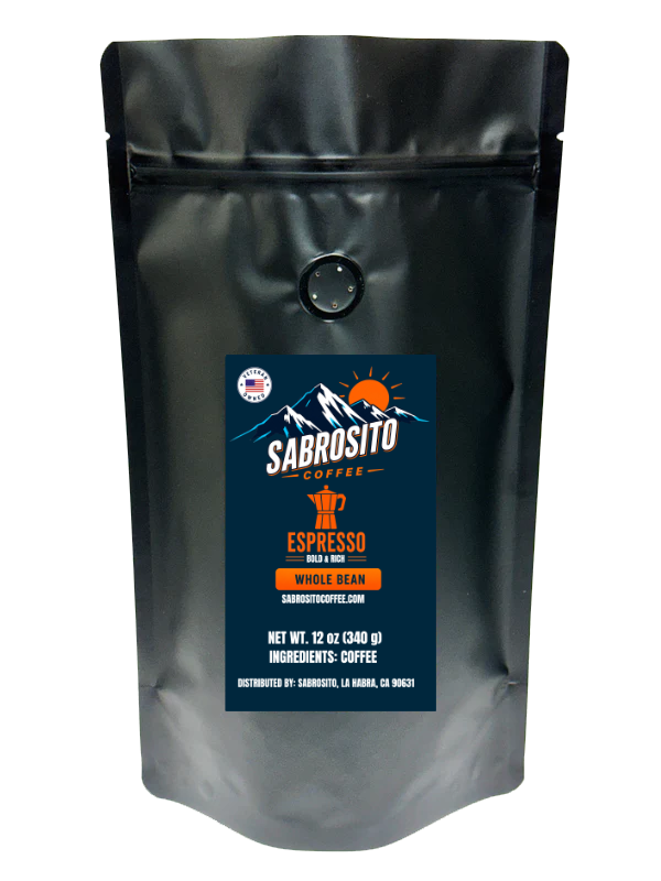 Sabrosito Espresso 12 oz whole bean specialty grade dark roast coffee bag